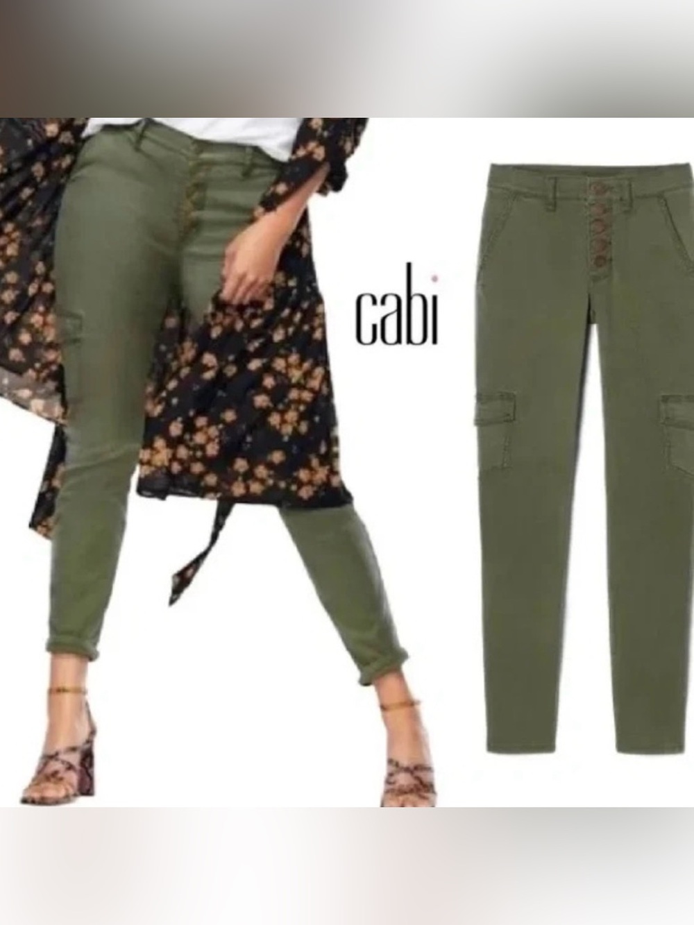 CABI style #5872 olive green Button Fly Cargo stretch skinny pants size 4
